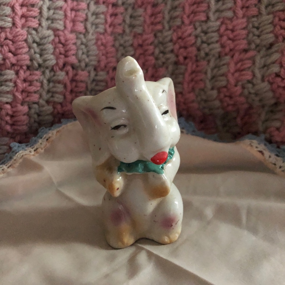 Vintage Ceramic Elephant Figurine - White with Pink & Gold Accents